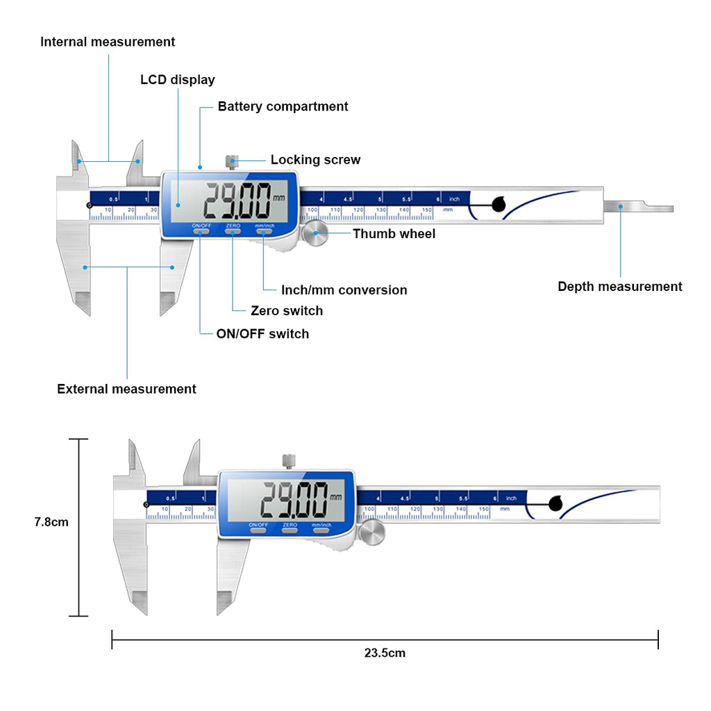 Qfun Digital Caliper, 0-6inch Caliper Measuring Tool Extreme Accuracy IP54 Waterproof Electronic Vernier Caliper Stainless Steel Digital Micrometer with Extra Large LCD Screen