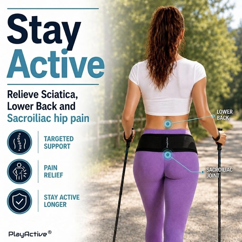 PlayActive Sacroiliac SI Joint Hip Belt - Sciatica Belt and Lower Back Support Brace for Women and Men - Hip Braces for Hip Pain - Pelvic Support Belt, Trochanter Belt for Pain Relief (XL-XXL/Black)
