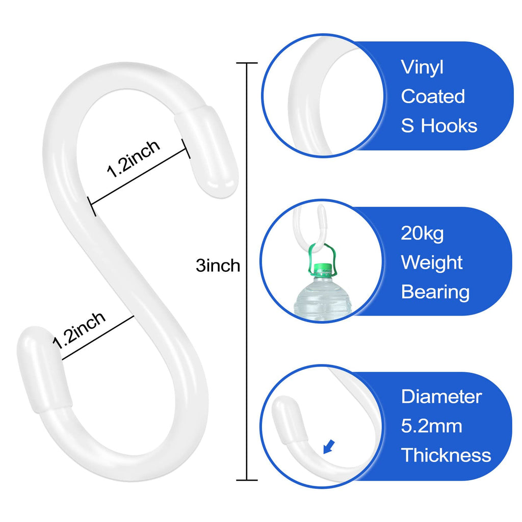 DINGEE White S Hooks, 3 Inch Vinyl Coated S Hook for Hanging Plants,10 Pack Non Slip Heavy Duty Small Rubber Coated Closet S Hook for Hanging Jeans Plants Jewelry Pot Pan Cups Towels