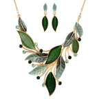 Mycitta Vintage Chunky Statement Jewelry Set 14k Gold Plated Retro Spring Green Leaf Floral Bohemian Boho Bib Necklace Earring Set Fashion Jewelry for Women Wedding Party Prom Unique Gift
