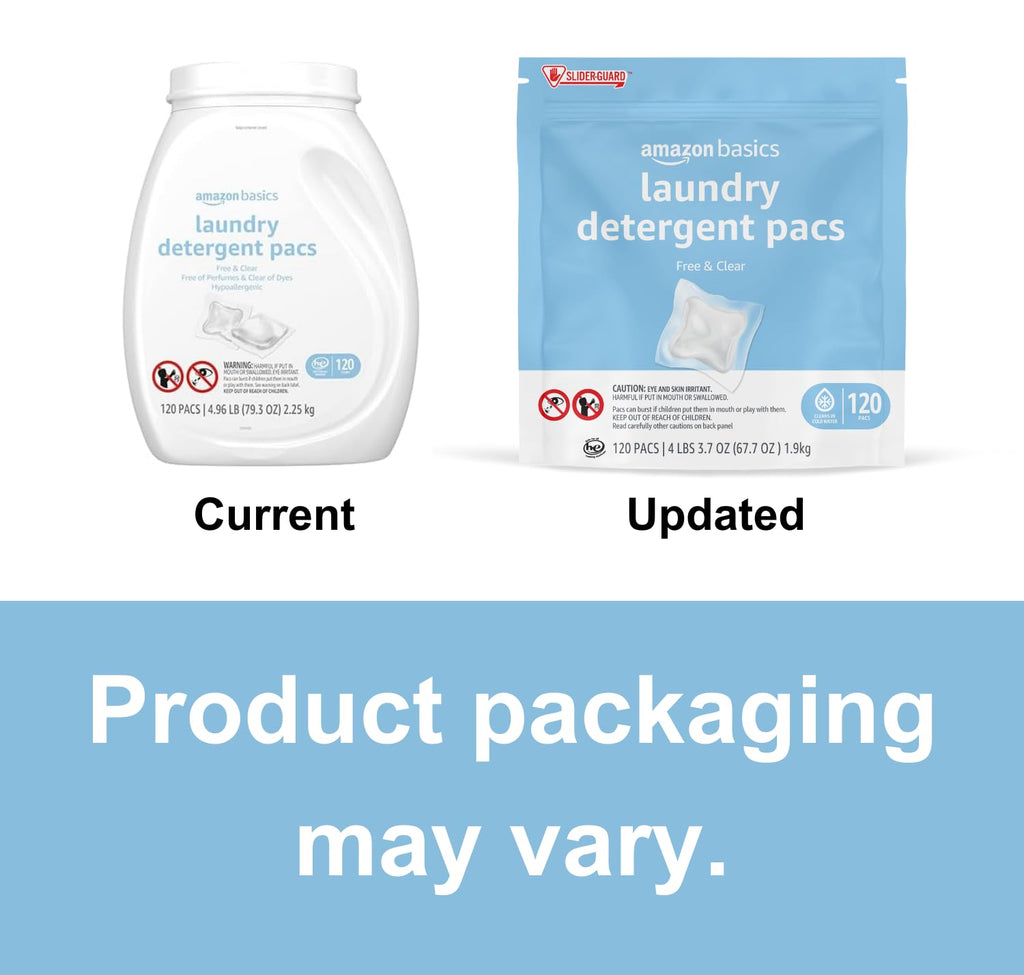 Amazon Basics Laundry Detergent Pacs, Free & Clear, Hypoallergenic, Fragrance Free, HE Compatible, Easy to Use, (New Packaging) 120 Count (Pack of 2)