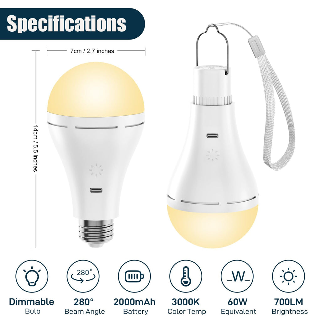 Brightown E26 Rechargeable Light Bulb with Remote and Timer, Battery Backup Bulb for Sconces and Lamps, Hanging LED Light Bulb with Hook for Camping Tent, Dimmable, 3 Color Temperatures, 2 Pack