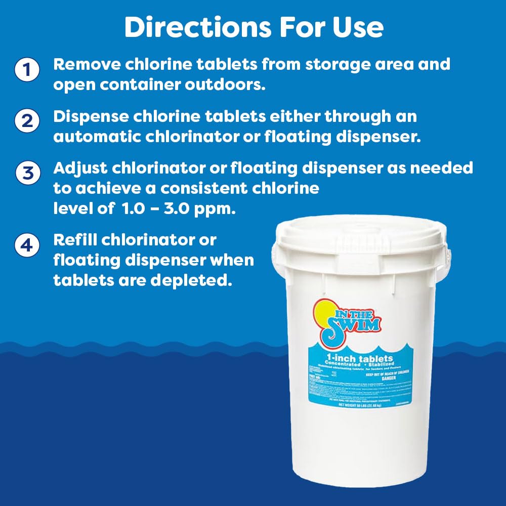 In The Swim 1 Inch Stabilized Chlorine Tablets for Sanitizing Swimming Pools - Fast Dissolving - 90% Available Chlorine - Tri-Chlor - 25 Pounds