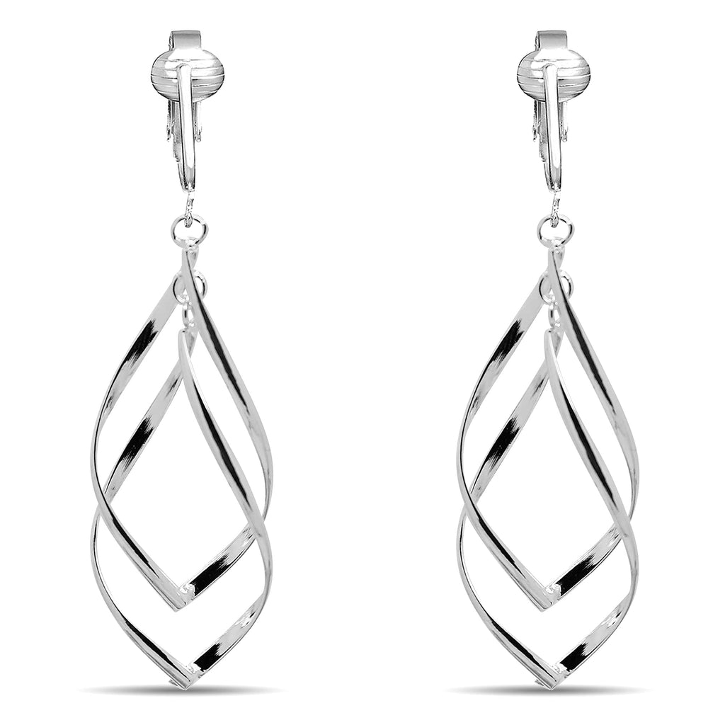 Silver Clip On Earrings For Women, They Look Pierced, Don't Pinch & Won't Fall Off, Hypoallergenic & Lightweight (Silver Double Drops)