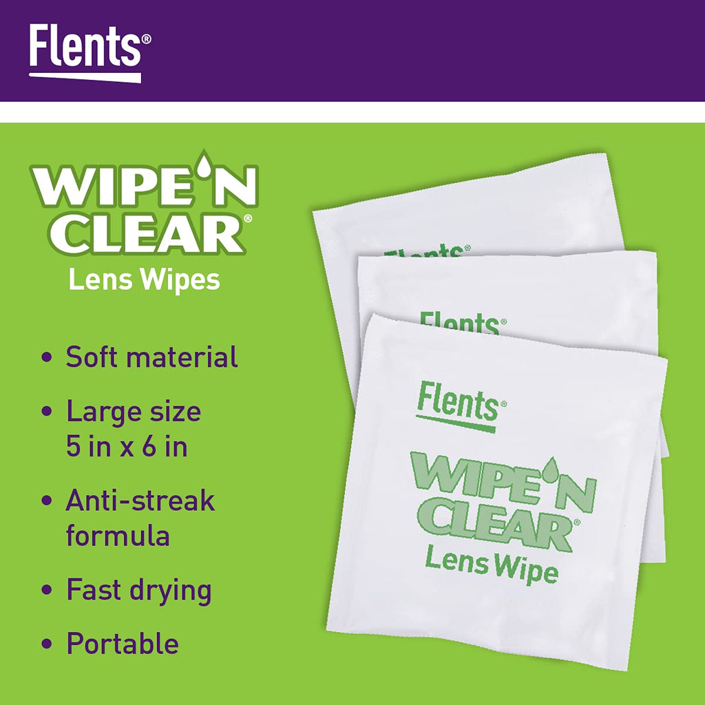 Flents Wipe ’N Clear Biodegradable Lens Wipes, 225 Count Pre-Moistened Eyeglass Cleaner Wipes for Glasses, Screens, and Lenses, Anti-Streak, Quick Dry, Individually Wrapped