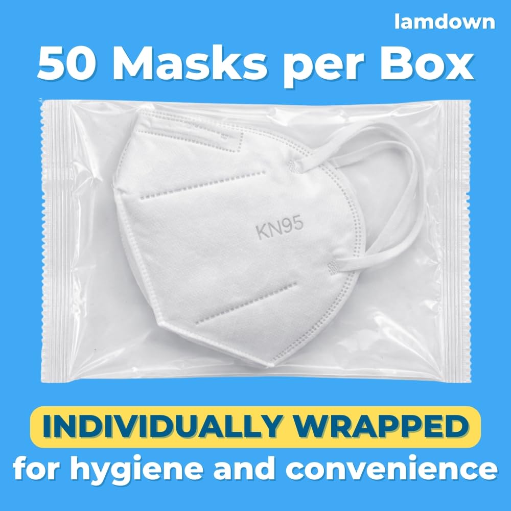 Lamdown (50-Pack) KN95 Face Masks, Individually Wrapped, Premium Disposable Dust Mask, White