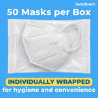 Lamdown (50-Pack) KN95 Face Masks, Individually Wrapped, Premium Disposable Dust Mask, White