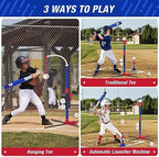 3-in-1 Baseball Set for Kids 3-5 - Tee Ball Stand, Hanging Tee, Ball Launcher and 6 Softballs - Adjustable Height, Indoor/Outdoor Sport Gifts for Boys Girls, Blue