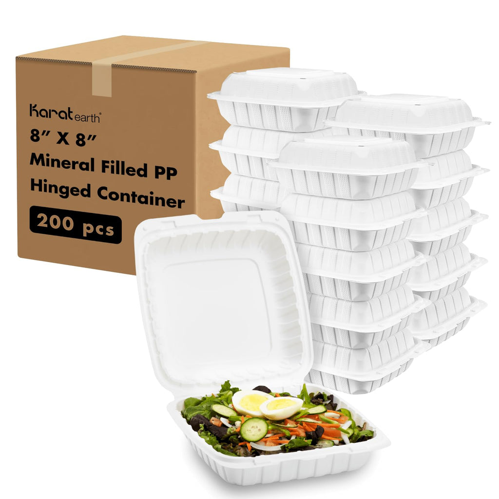 KARAT EARTH Clamshell Take Out Food Containers [8"x8" - 200 ct] To Go Containers | Microwavable, Freezer Safe, Soak-Resistant, Durable, Stackable | Vented for Hot/Cold Foods, White