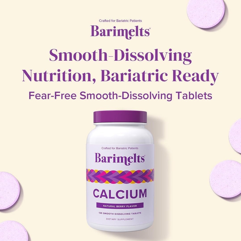 Barimelts Calcium Citrate with Vitamin D3 & Magnesium, 120 Smooth-Dissolving Tablets (1-Month Supply), Bariatric Calcium Supplements for Women, Natural Berry Flavor