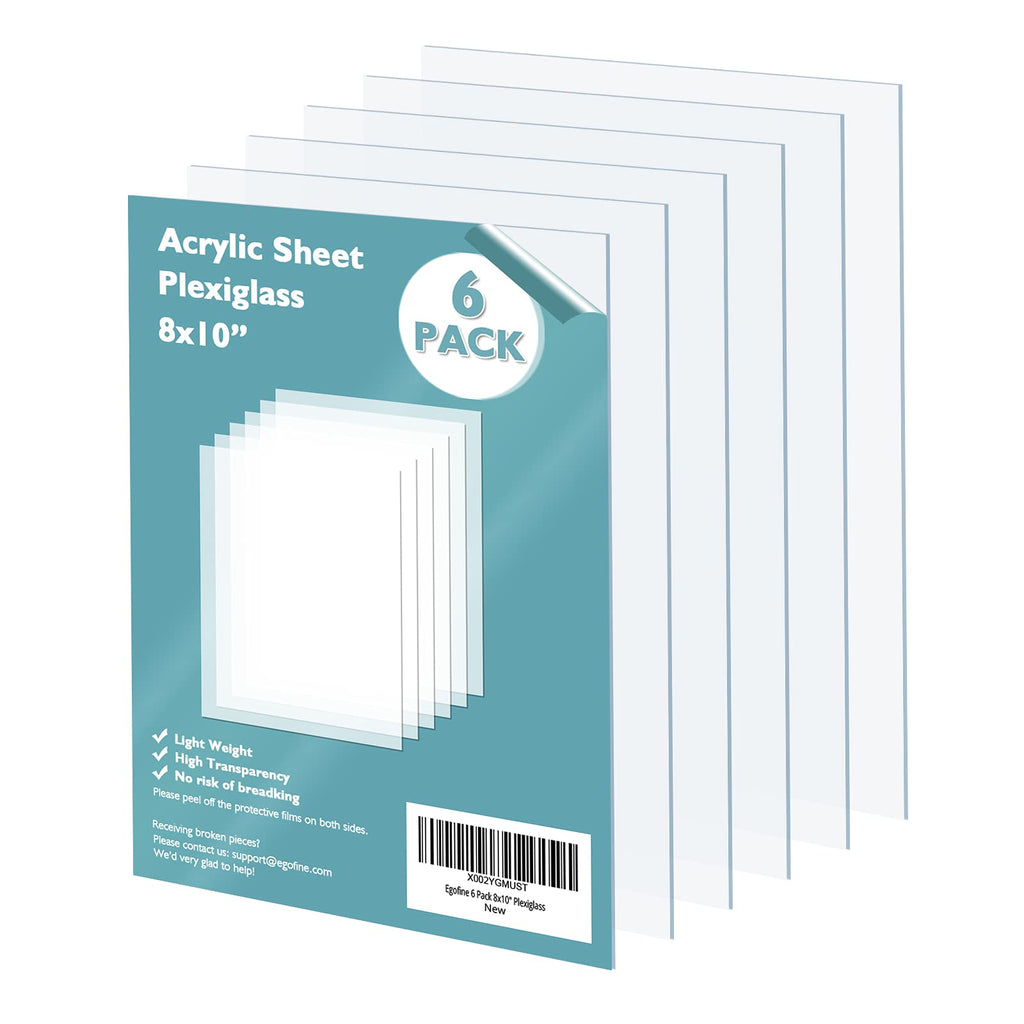 Egofine Plexiglass Sheets Acrylic Sheets 6 Pack of 8x10’’ 0.04 Thick Clear Plastic Cast Transparent Plexi Glass for Crafting Projects, Replacement Picture Frame Glass, DIY Display, Easy to Cut