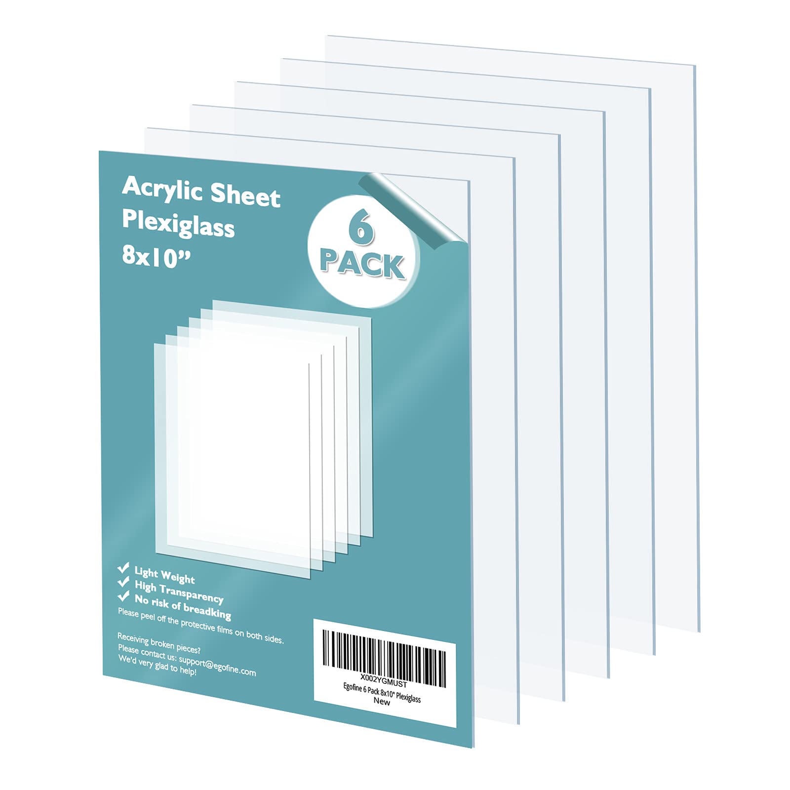 Egofine Plexiglass Sheets Acrylic Sheets 6 Pack of 8x10’’ 0.04 Thick Clear Plastic Cast Transparent Plexi Glass for Crafting Projects, Replacement Picture Frame Glass, DIY Display, Easy to Cut