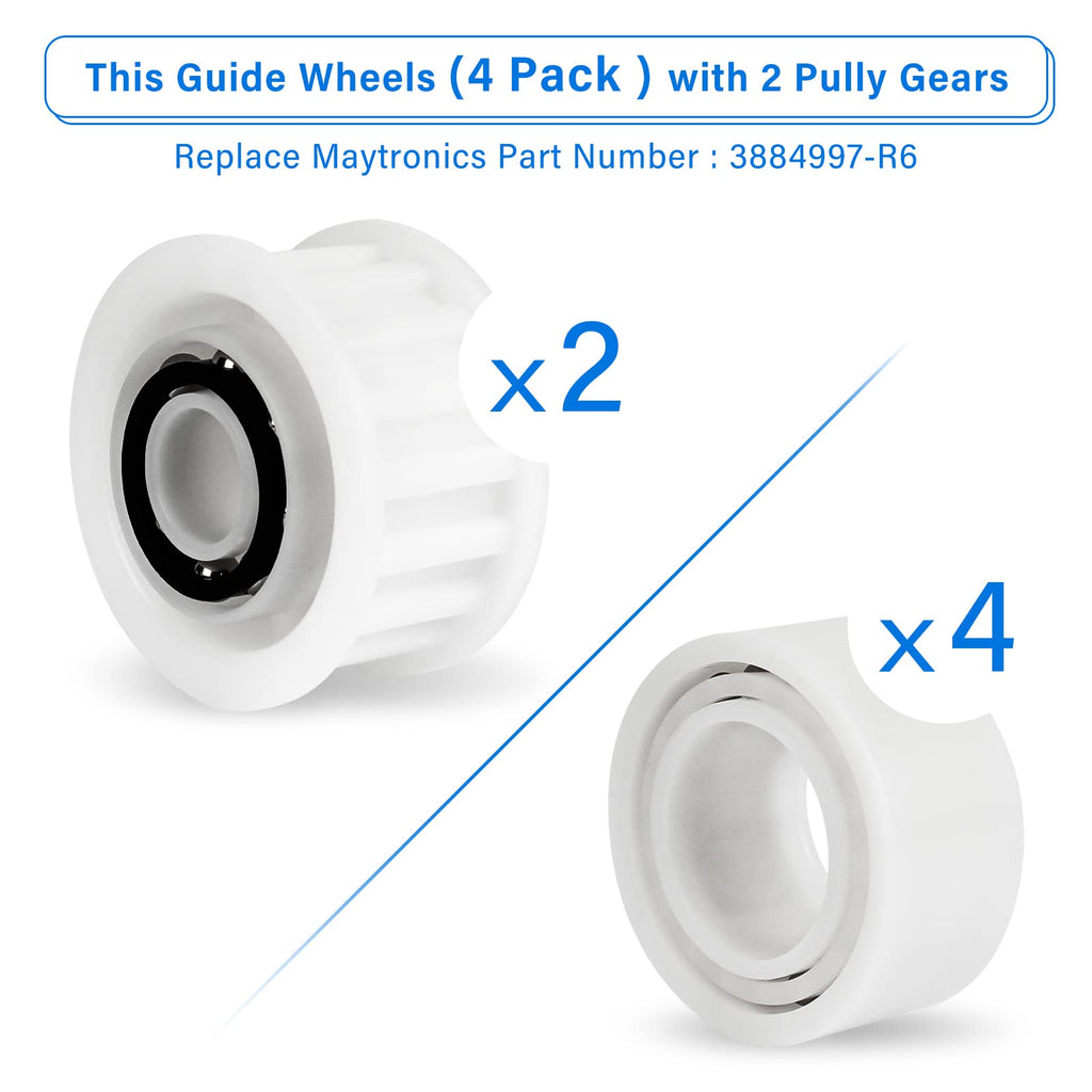 Automatic Robotic Pool Cleaner Replacement Parts, Guide Wheels 4 Pack with 2 Pack Pulley Gears 3884997-R6 for Maytronics Dolphin, Nautilus CC Plus Pool Cleaner M200/M400/M500 &Dx3/Dx4/Dx6