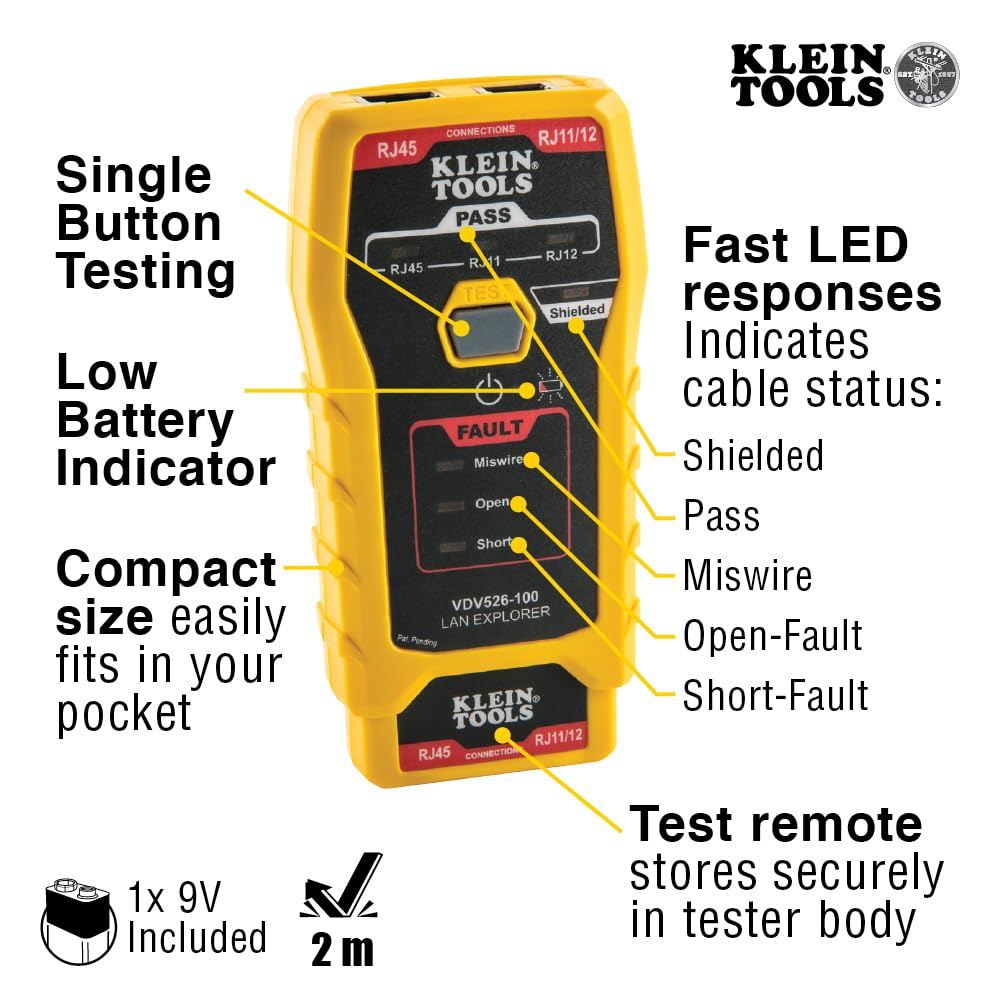 Klein Tools 80093 Cable Tester, VDV LAN Kit with LAN Tester, Pass Thru Crimper, CAT6/CAT5e Plugs and Strain Relief Boots, 5-Piece