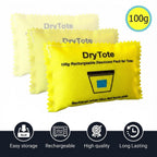 DryTote Rechargeable Desiccant Pack (10 Pack), Ultimate Moisture Absorption, Color Change Indicator, Safe Storage Protection, Large Capacity 200 Gallons, 100g, Yellow