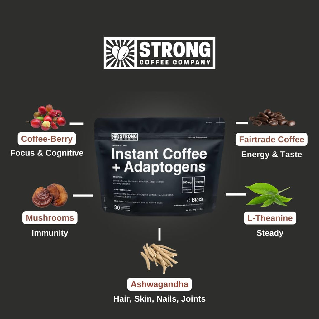 Strong Coffee Co. Instant Black Coffee | Premium Organic Coffee with Nootropics & Adaptogens, NeuroFactor®, L-Theanine, Ashwagandha, Reishi & MCT Oil | No Jitters, No Crash (1, 30 Servings)