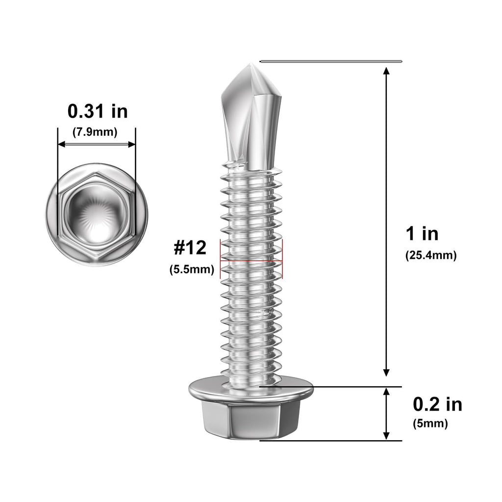 Wensilon (300Pcs) #12×1" Hex Washer Head Self Drilling Screws, 410 Stainless Steel Metal SheetScrews，TEK Screws, Sheet Metal Self Tapping Screws