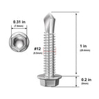 Wensilon (300Pcs) #12×1" Hex Washer Head Self Drilling Screws, 410 Stainless Steel Metal SheetScrews，TEK Screws, Sheet Metal Self Tapping Screws