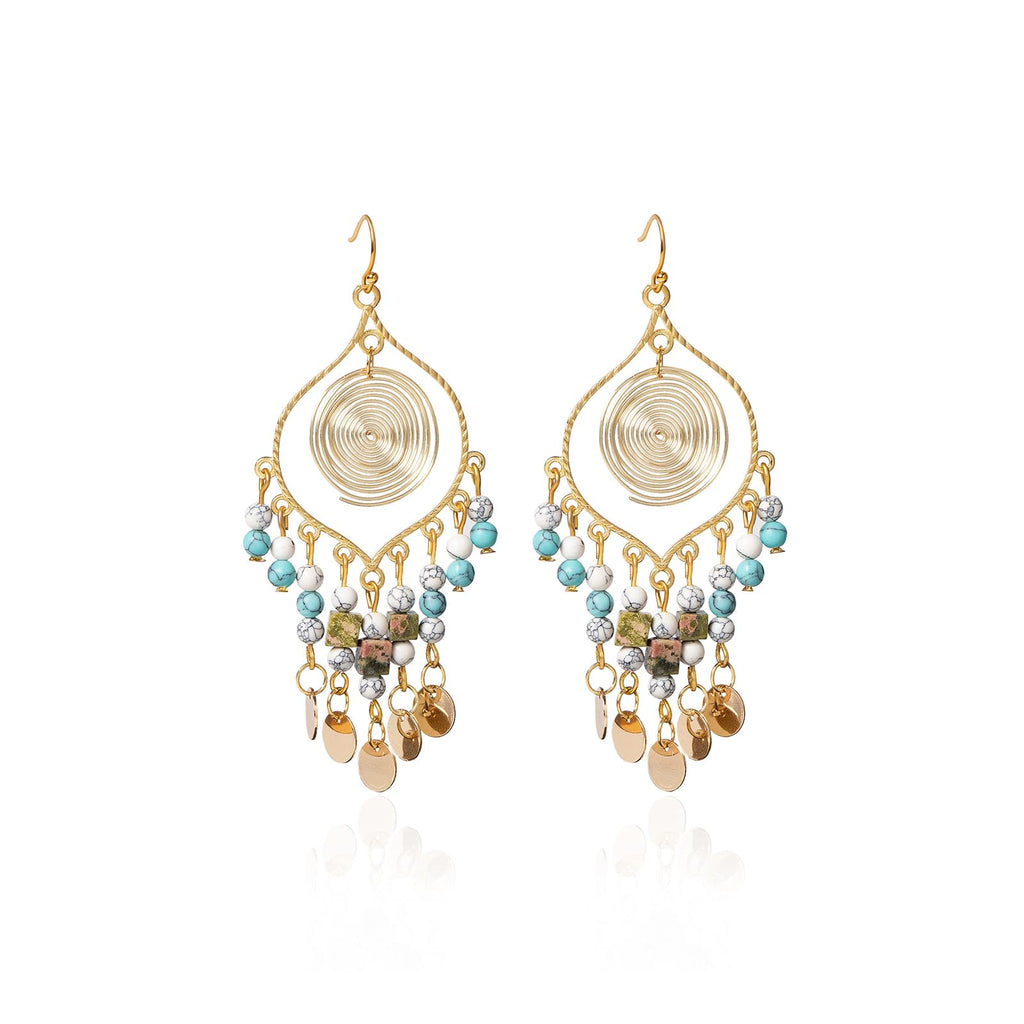 Tan Ran Bohemian Long Tassel Turquoise Water Drop Dangle Earrings