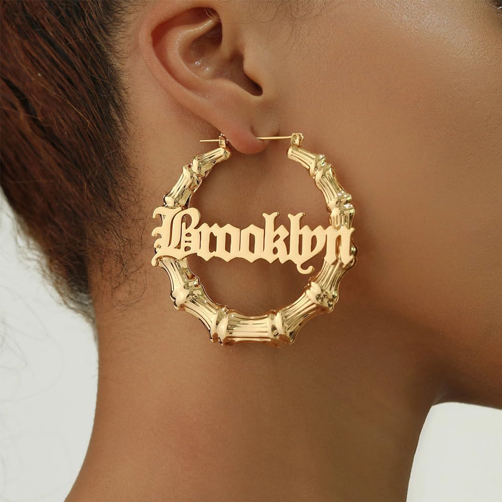 Pselysian Custom Name Hoop Earrings, Personalized Bamboo Earrings, 18K Gold Plated Big Hoop Earrings, Custmized Gifts for Mom Grandma Women (30MM)