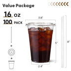 AOZITA 100 Pack - 16 oz Clear Plastic Cups with Lids and Straws, Food Safe Disposable Iced Coffee Cups for Cold Beverages, Smoothies, Iced Coffee, Leak-Proof, BPA-Free