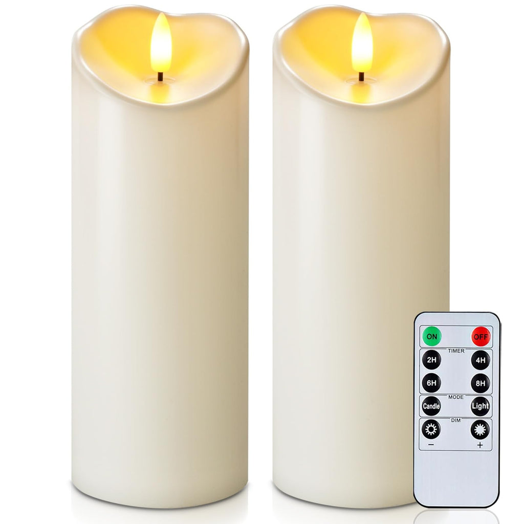 Homemory Outdoor Waterproof LED Candles, Battery Operated with Remote and Timers, Electric Fake Plastic Pillar Candles, Ivory White, Set of 2