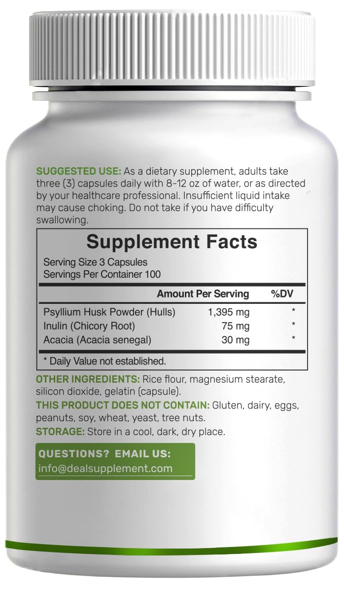 Psyllium Husk 1500mg Per Serving, 300 Capsules – 3 in 1 Fiber Supplement with Inulin & Acacia Complex – Natural Soluble Fiber, Supports Digestive Health* – Plant Based, Non-GMO