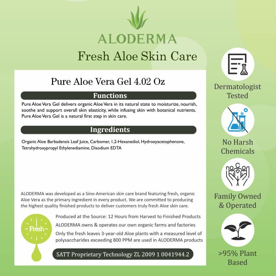 Aloderma 99% Organic Aloe Vera Gel for Face Made within 12 Hours of Harvest, Natural Hydrating Pure Aloe Vera for Soothing Skincare, Moisturizing Aloe Gel for Skin, Face, Sensitive Skin, 4oz - 2ct