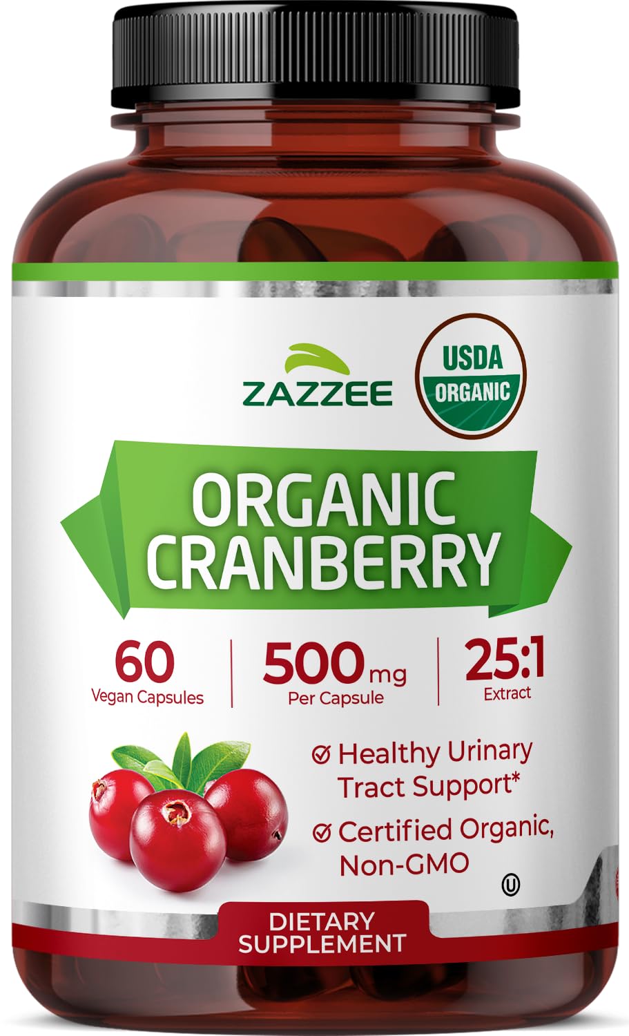 Zazzee USDA Organic Cranberry 25:1 Extract, 500 mg per Capsule, 60 Vegan Capsules, 2 Month Supply, Certified Kosher, Standardized, Concentrated 25X Extract, 100% Vegetarian, Non-GMO, Made in The USA