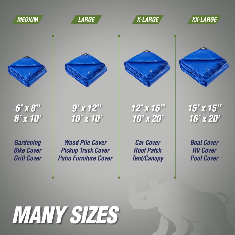 RUGGED RHINO Heavy Duty Waterproof Tarp, 10x20, UV and Tear Resistant Cover with Reinforced Grommets and Corners, Outdoor Multipurpose Tarps for Camping, Patio, Garden, Car & Roof, 5 Mil, 1 Pack, Blue