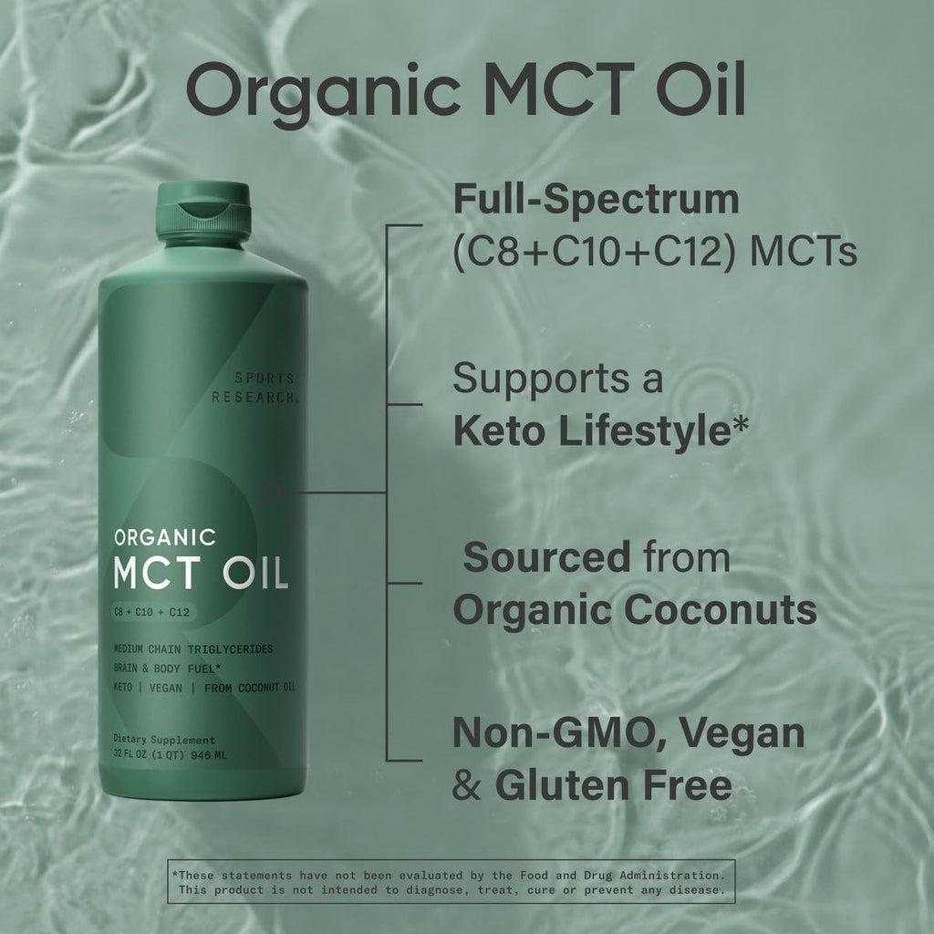 Sports Research Keto MCT Oil from Organic Coconuts - Fatty Acid Fuel for Body + Brain - Triple Ingredient C8, C10, C12 MCTs - Perfect in Coffee, Tea, & More - Non-GMO & Vegan - Unflavored (128 Oz)