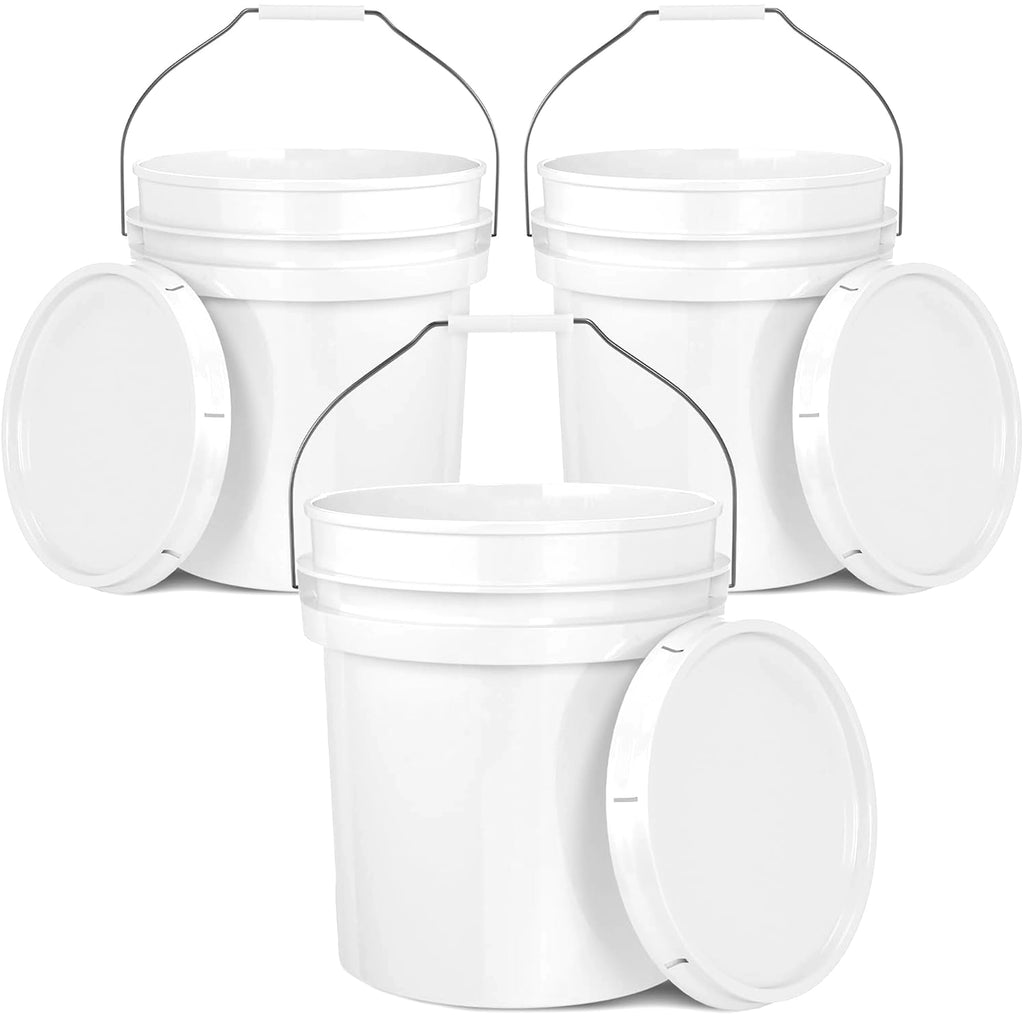 5-Gallon White Bucket Pail Container with Lid | Food Grade | Heavy-Duty Approx 90 MIL Extra Durable | Metal Handles with Plastic Grip | Multi-Use | Easy Stack and Store | BPA Free - 3 Pack