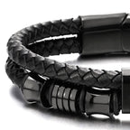 Men's Black Braided Leather Bracelet with Stainless Steel Accents Double-Layer Design Durable Biker Punk Style Wristband Modern Minimalist Fashion Jewelry for Men