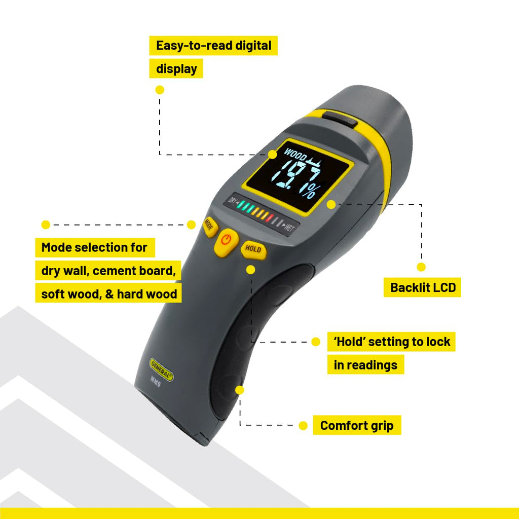General Tools MM9 Pin & Pinless Moisture Meter – Dual Moisture Detector for Wood, Drywall & Building Materials – Digital Display, Scan & Pin Modes, Data Hold