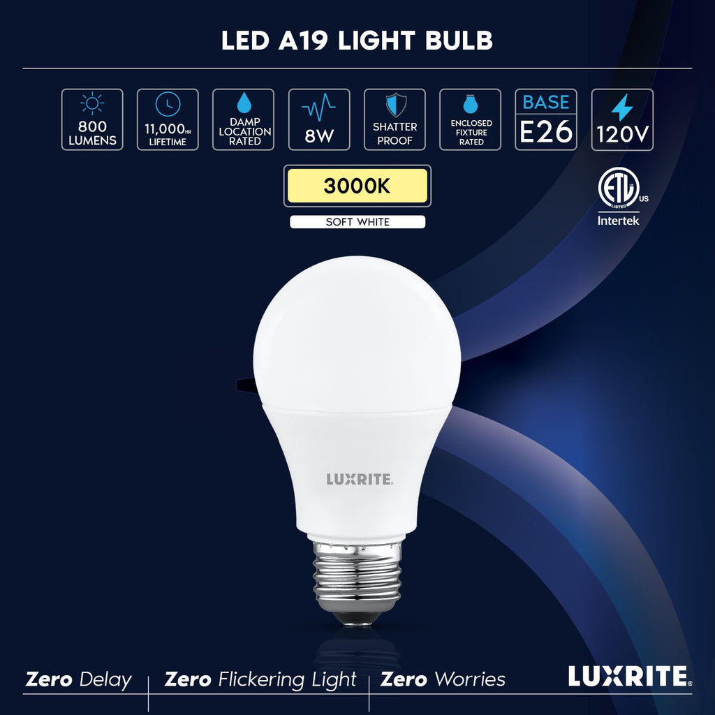 LUXRITE A19 LED Light Bulb 60 Watt Equivalent, Non Dimmable, CRI80, 3000K Soft White, 800LM, Standard LED Light Bulbs 8W, E26 Base, Enclosed Fixture Rated, Damp Rated, ETL Listed (8 Pack)