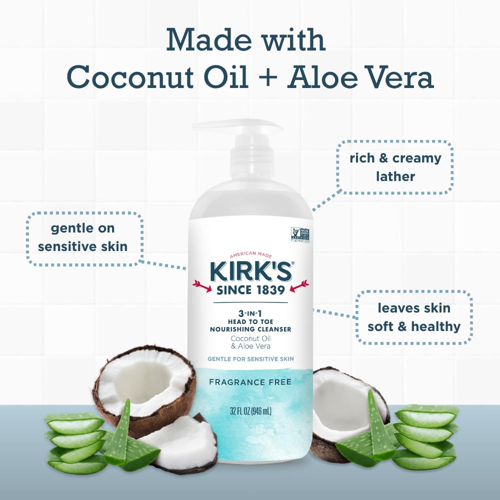 Kirk's 3-in-1 Head to Toe Nourishing Liquid Cleanser- for Men, Women & Children - Premium Coconut Oil & Aloe Vera- Non GMO & Vegan -Fragrance Free - 32 Fl Oz.