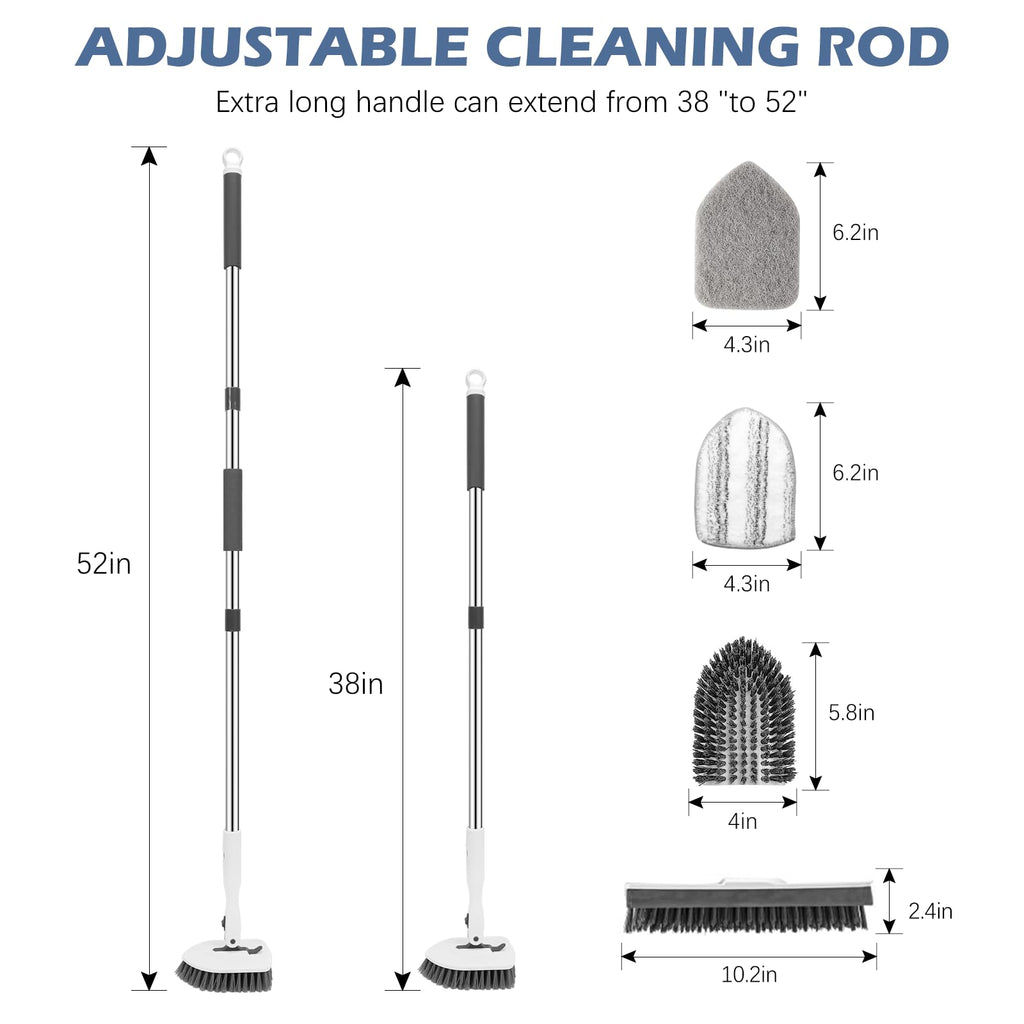 SetSail 4-in-1 Tile Tub Floor Scrubber with 52-inch Long Adjustable Handle Shower Cleaner Brush with V-Shaped Grout Brush and 3 Replacement Brush Heads for Bathroom Kitchen Walls Tub Tile, White Grey