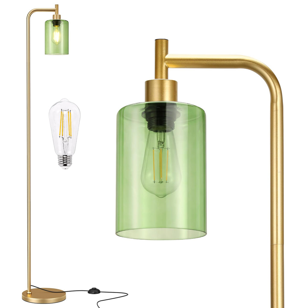 Ziisee Floor Lamps for Living Room - Industrial Standing Lamp with Green Glass Shade, Modern Gold Floor Lamp with LED Bulbs, Farmhouse Floor Lamp for Bedroom, Tall Lamp for Office