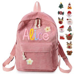 Personalized Backpack for Girls/Boys, Custom Corduroy School Bag with Cotton Rope Embroidery Name, Back to School Bag Gifts for Kids, Children Birthday/Christmas Gift
