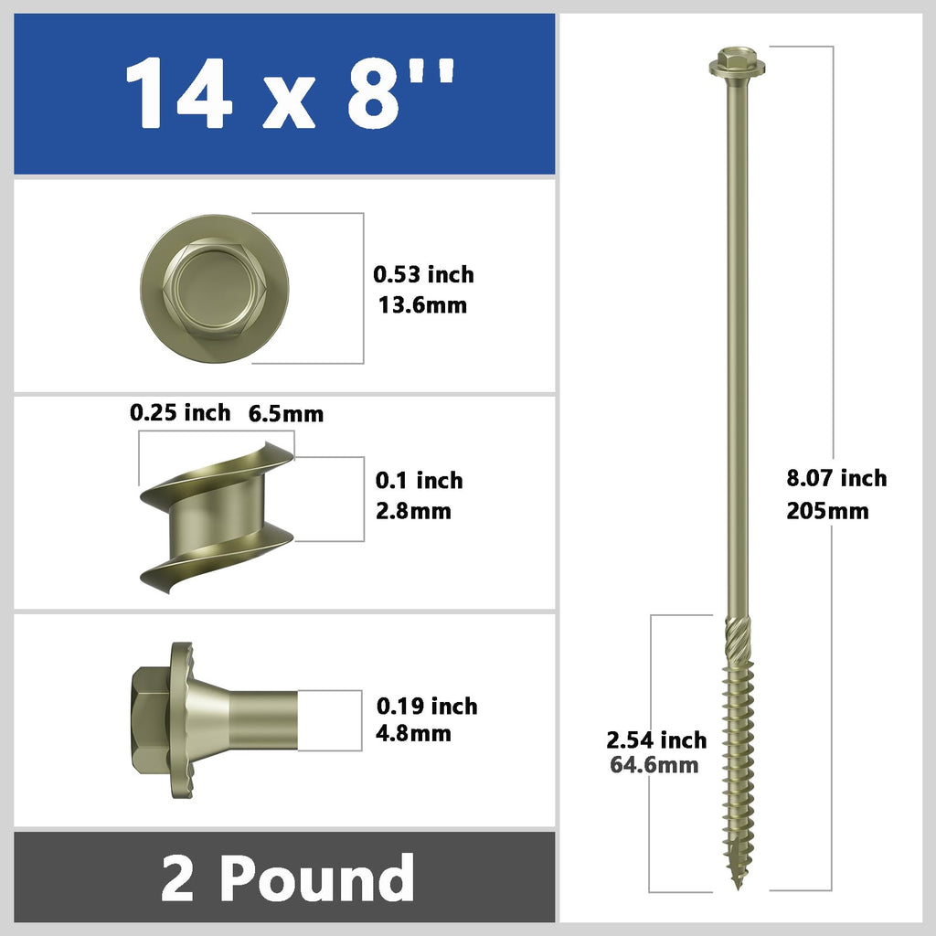 (2 lbs 37PCS)#14 x 8 Yellow Hex Exterior Lag Screws,6.3x200mm, Structural Wood Screw, Heavy Duty Construction Screw, Rust Resistant, Washer Head, Yellow Coated Exterior Wood Screws