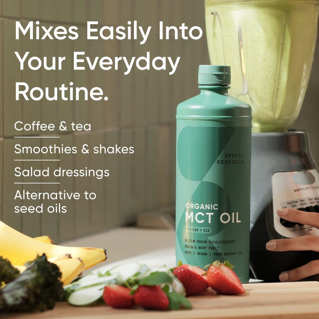 Sports Research Keto MCT Oil from Organic Coconuts - Fatty Acid Fuel for Body + Brain - Triple Ingredient C8, C10, C12 MCTs - Perfect in Coffee, Tea, & More - Non-GMO & Vegan - Unflavored (128 Oz)