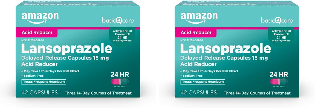 Amazon Basic Care Lansoprazole Delayed Release Capsules, 15 mg, Proton Pump Inhibitor, Treats Frequent Heartburn, 24 Hour Heartburn Medicine, 42 Count (Pack of 2)
