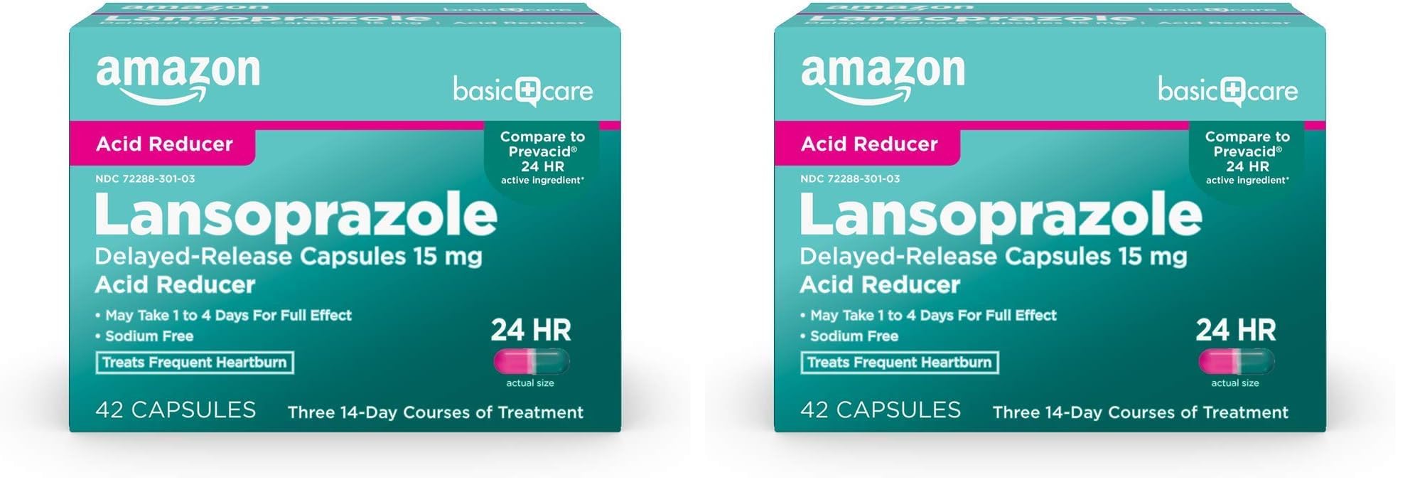 Amazon Basic Care Lansoprazole Delayed Release Capsules, 15 mg, Proton Pump Inhibitor, Treats Frequent Heartburn, 24 Hour Heartburn Medicine, 42 Count (Pack of 2)