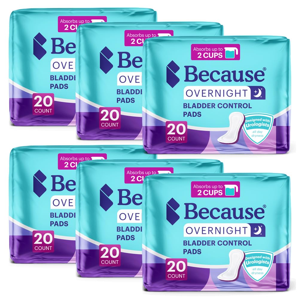 Because Overnight Incontinence Pads for Women – Moderate-to-Heavy Absorbency for Nighttime Use, Long-Length Protection, 120 Count, New Version