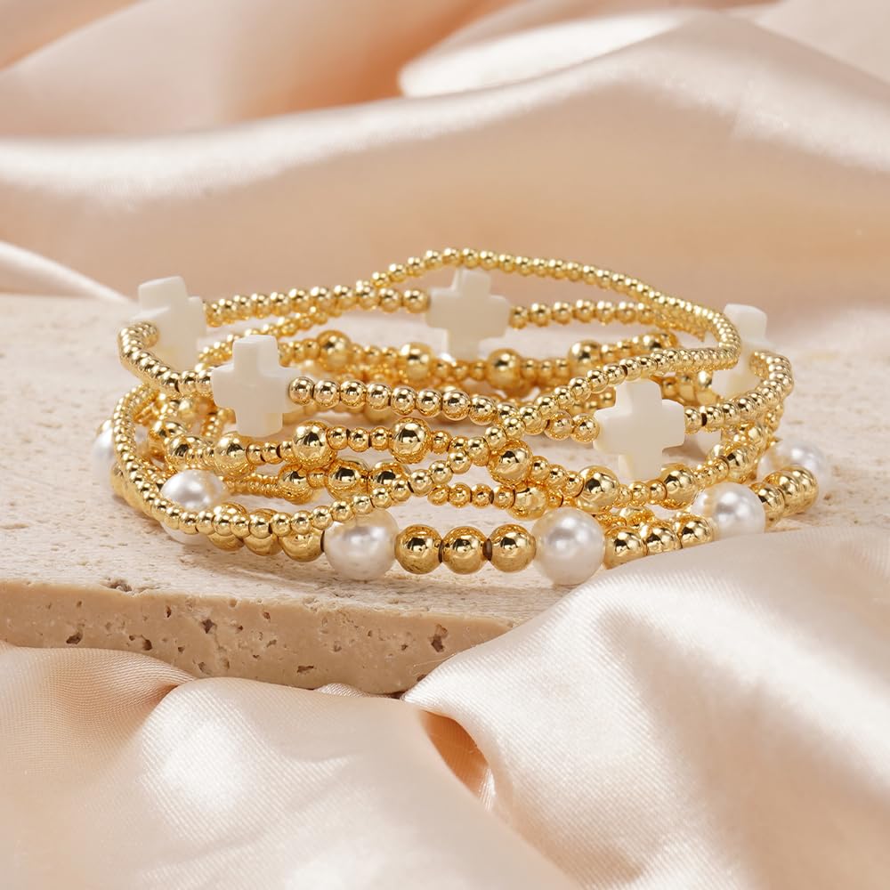 Dainty 14K Gold Beaded Cross Bracelet Stack for Women,Bohemian Stretch Pearl Gold Plated Ball Beads Non Tarnish Stackable Bracelets Set Fashion Prom Holiday Accessories Jewelry Gift Friendship