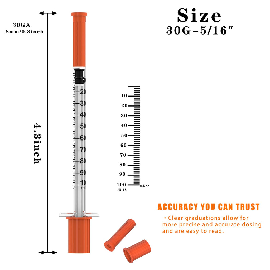 U-100 Disposable Syringes with Needle – 1ml/cc, 30G 5/16" (8mm), Individually Wrapped,30Pack
