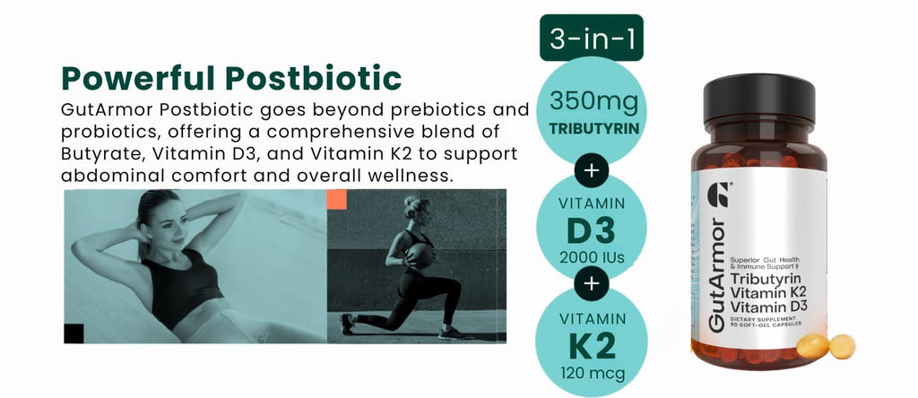 GutArmor Tributyrin Vitamin Complex, 180 Softgels, 350mg Butyrate with D3 3000IU & K2 120mcg, Gut Health Support