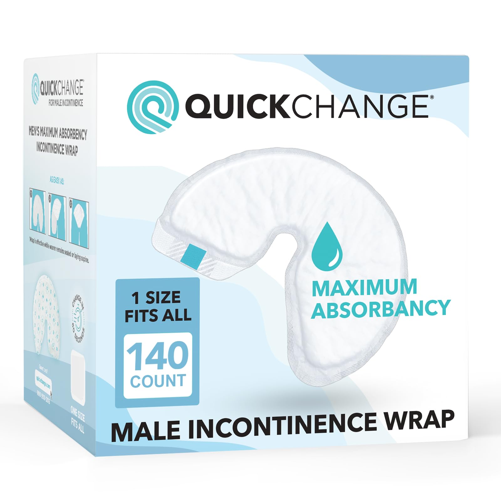 QuickChange Men’s Overnight Adult Incontinence Wrap (Pad), Maximum Absorbency, Holds 17oz Dry to The Touch, Disposable, Fragrance Free, One Size Fits All, Catheter Replacement,140 Count