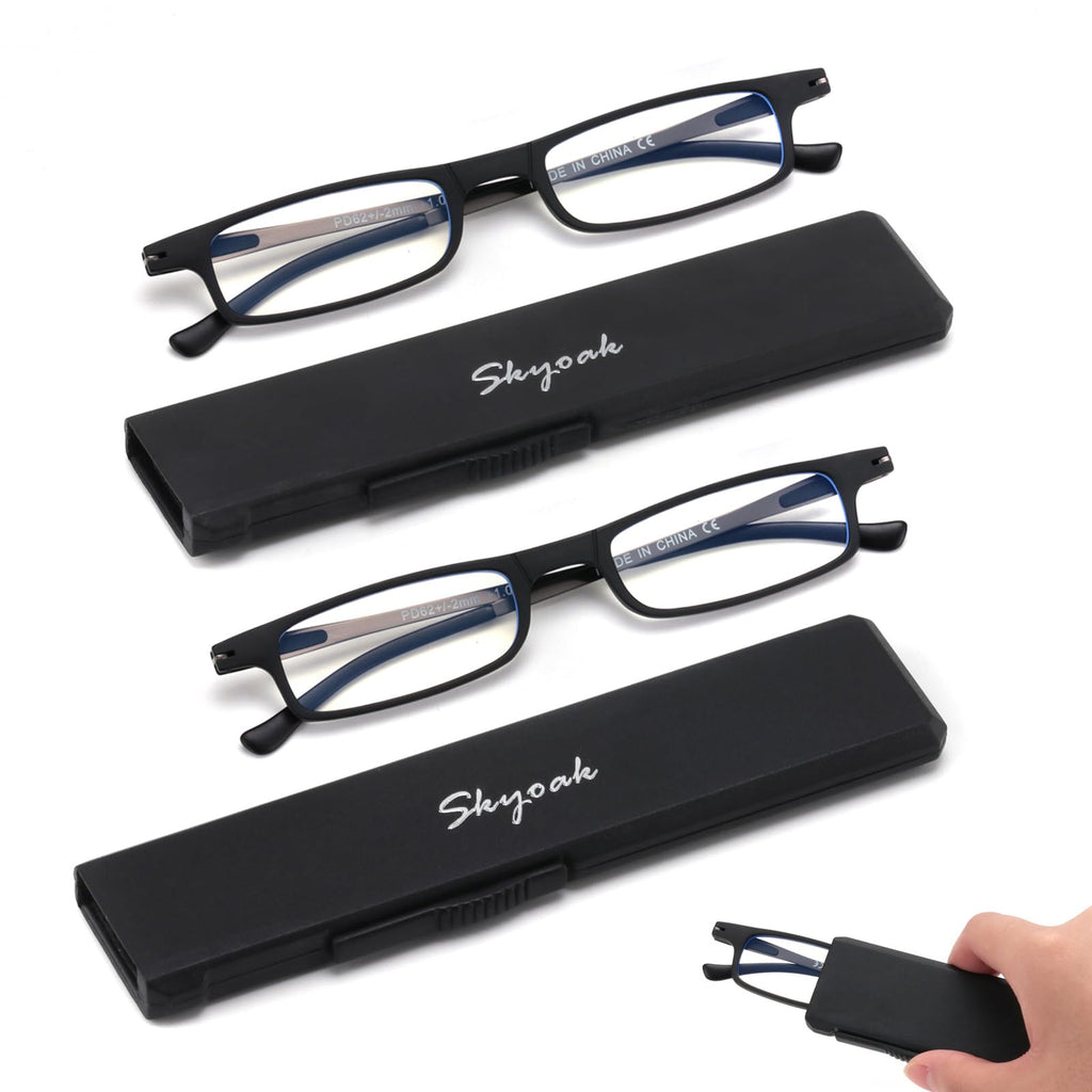 2 Pack Ultra Thin Lightweight Folding Reading Glasses Women Men TR90 Blue Light Blocking Anti UV/Eyestrain Foldable Compact Computer Readers Portable Unique Stretchable Slim Flat case Black +2.5