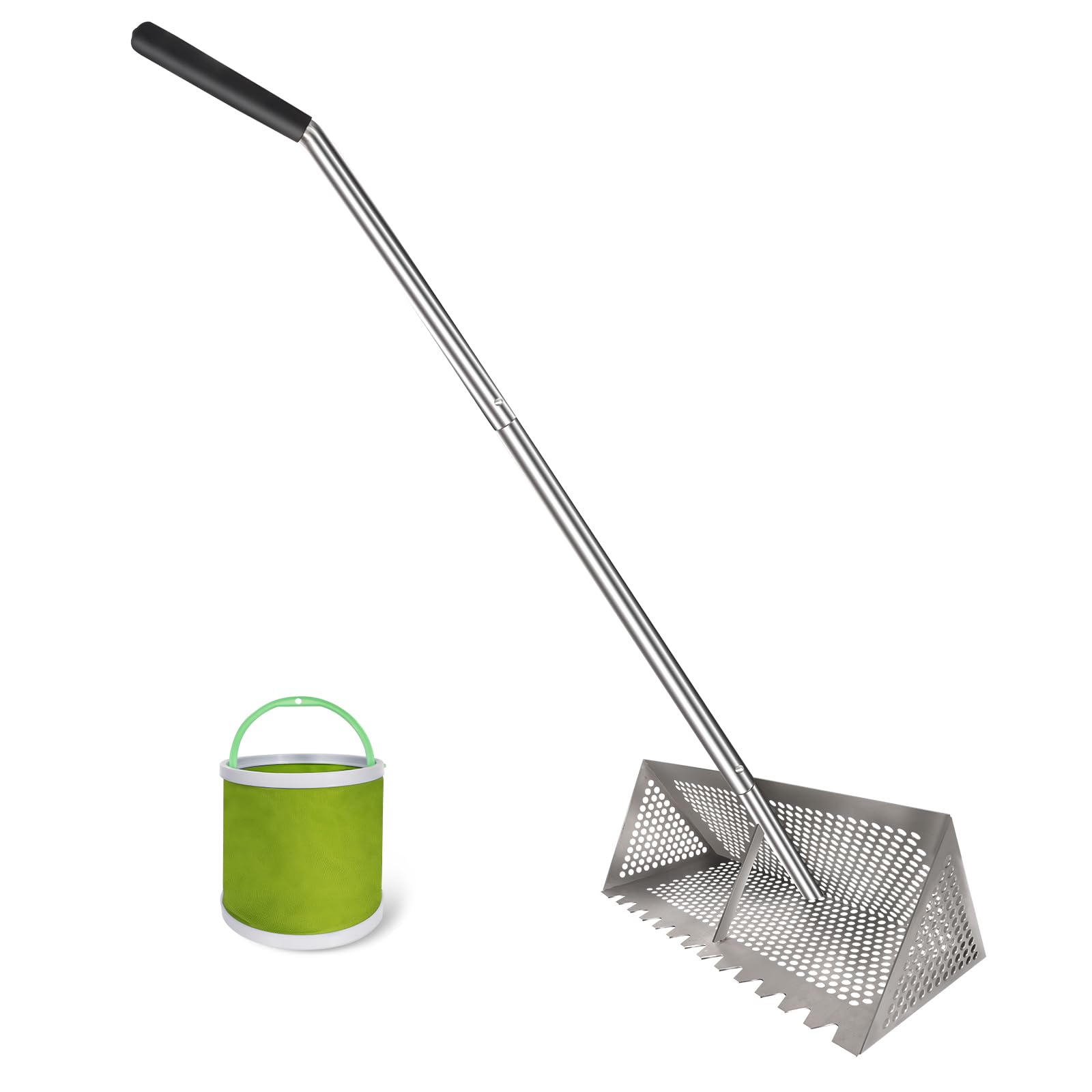 Sand flea rake - 304 Stainless Steel Pro 15.8 Inches Wide Basket Sand Sifter , Curved Handle Design Collapsible Sand Fleas Catcher for Travelling